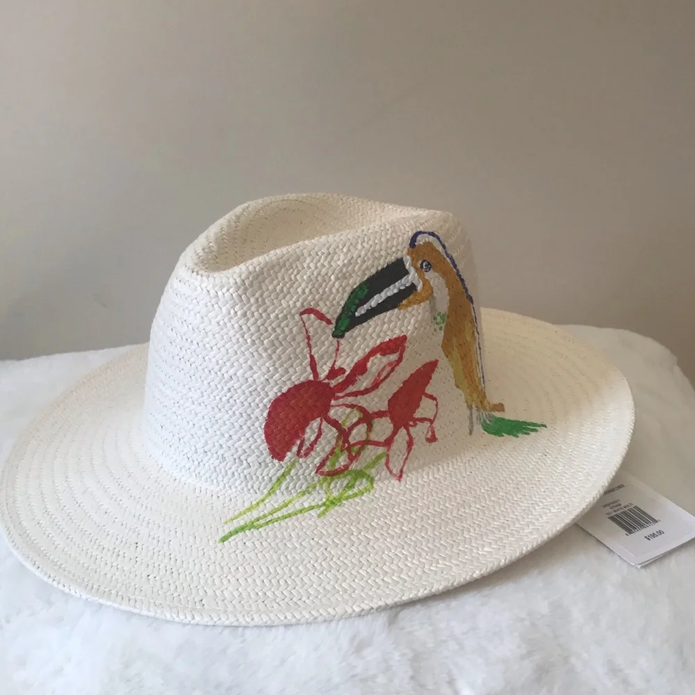 Onia Rosa Panama Hat w Hand Painted Toucan & Flower Detail Limited Edition NWT